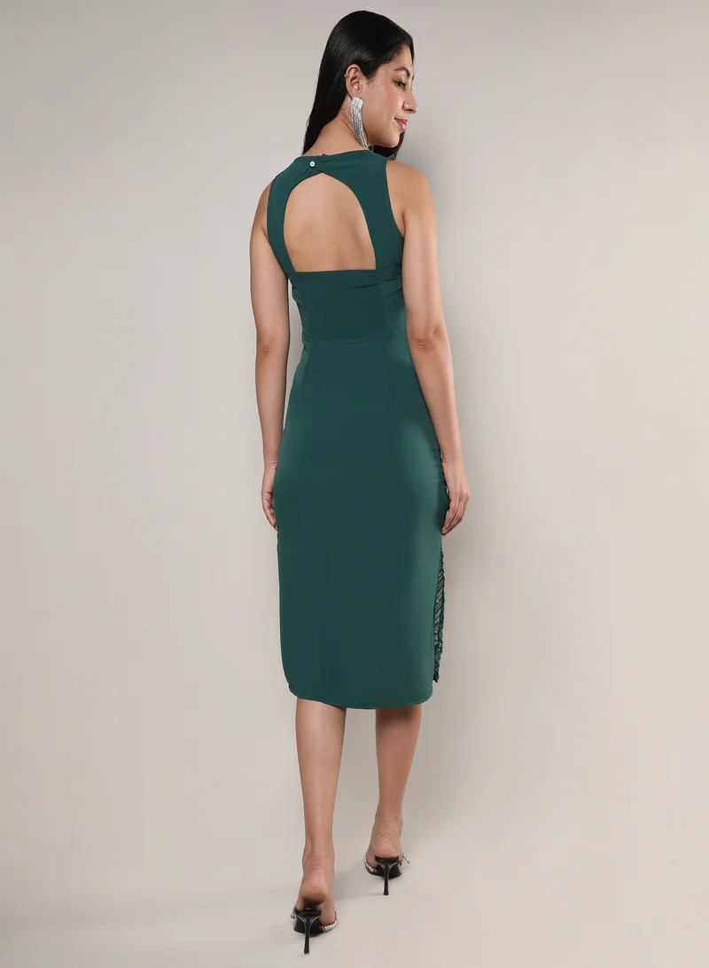PINACOLADA  Women's Forest Green Sequin Slit Dress For Casual Wear | Round Neck | Sleeveless | Zipper Closure | Dress Designed With Comfort Fit For Woman & Girls for Women | Best Price UAE